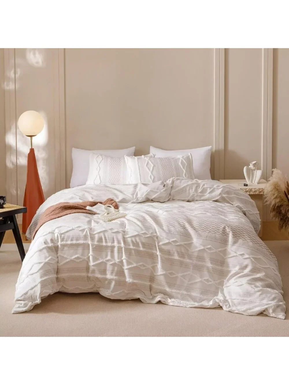 Queen White Boho Comforter Set - Soft Tufted Bedding, Rustic Chic 3PCS Quilt